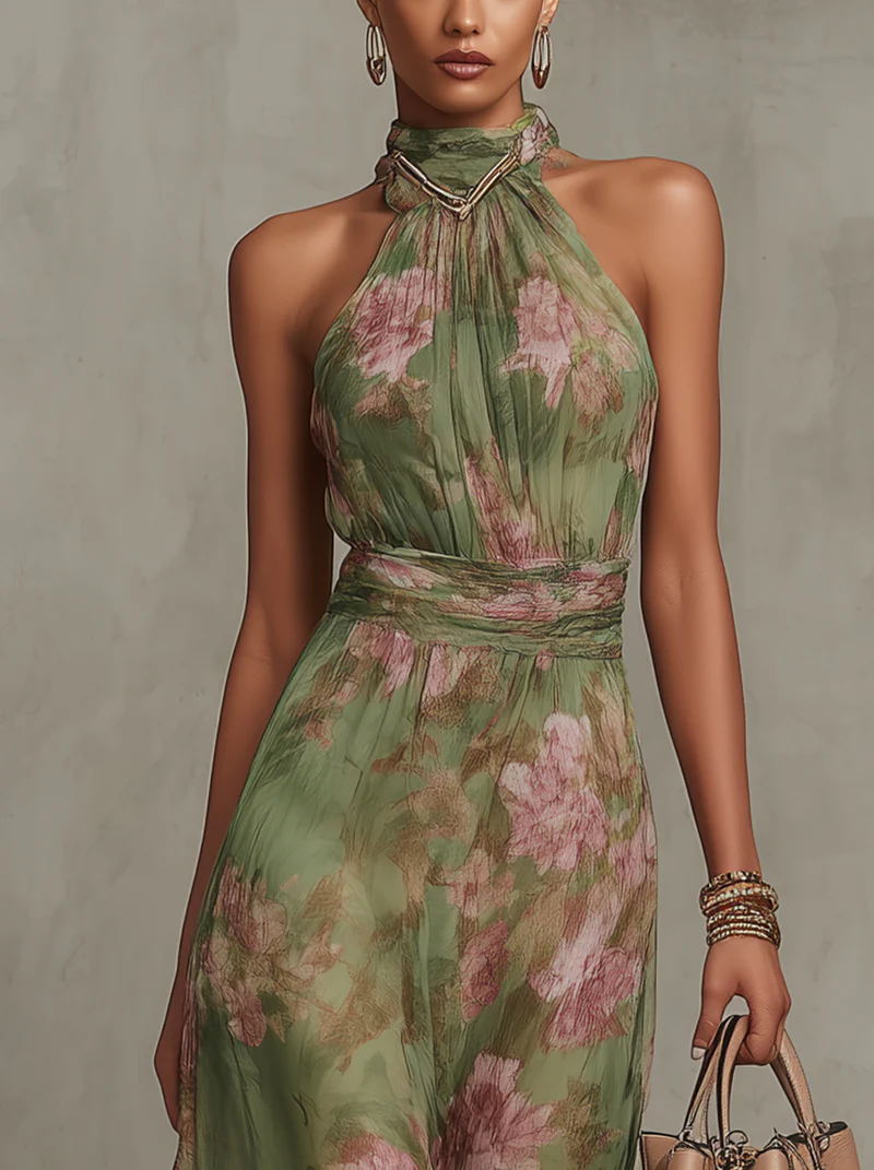 Serena - Vestido largo de gasa floral con cuello halter