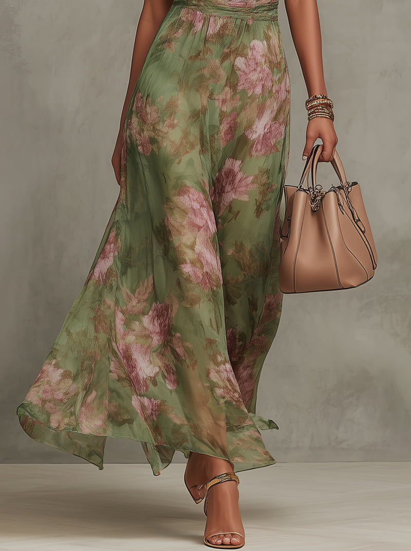 Serena - Vestido largo de gasa floral con cuello halter