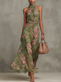Serena - Vestido largo de gasa floral con cuello halter