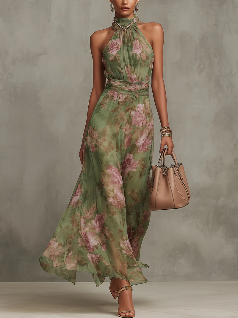 Serena - Vestido largo de gasa floral con cuello halter