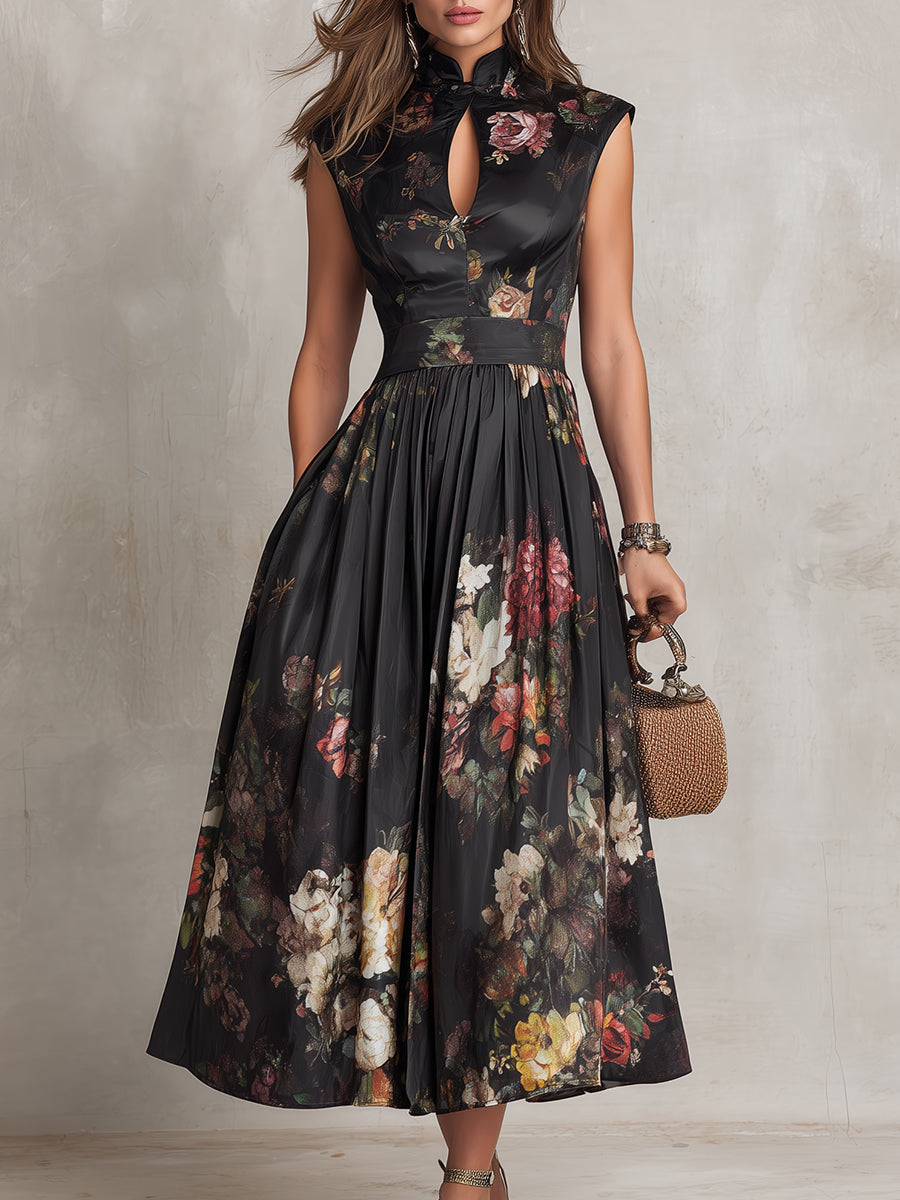 Vestido Midi de Satén Plisado Negro con Estampado Floral y Escote de Ojo de Cerradura