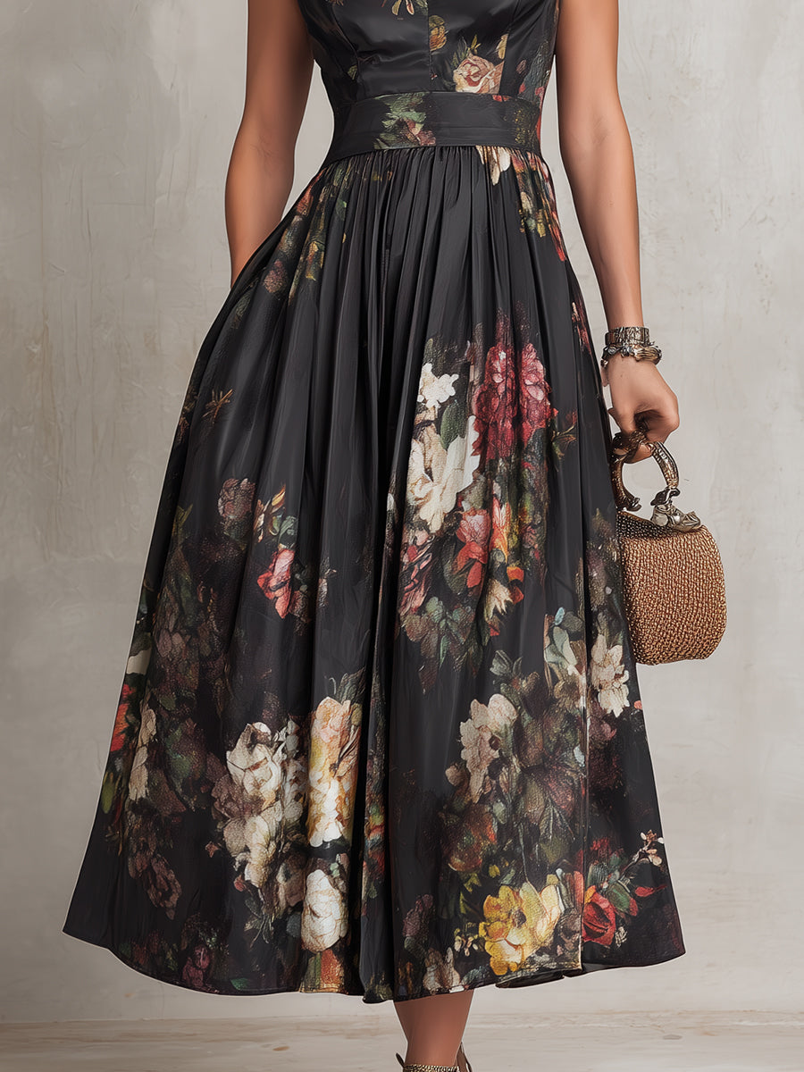Vestido Midi de Satén Plisado Negro con Estampado Floral y Escote de Ojo de Cerradura