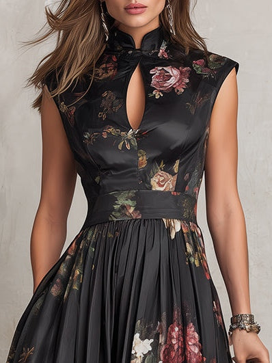 Violetta - Vestido Midi Negro de Satén Plisado con Estampado Floral y Escote Keyhole