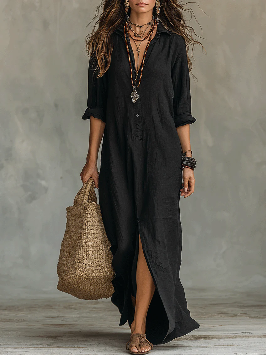 Soline™ | Maxi Vestido Negro Oversized con Botones