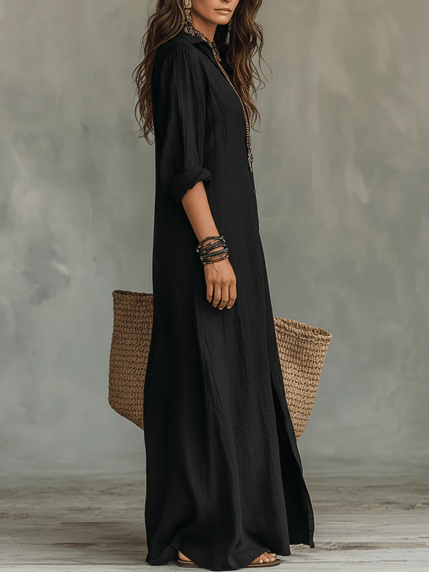 Soline™ | Maxi Vestido Negro Oversized con Botones