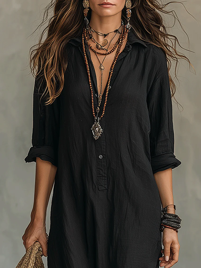 Soline™ | Maxi Vestido Negro Oversized con Botones