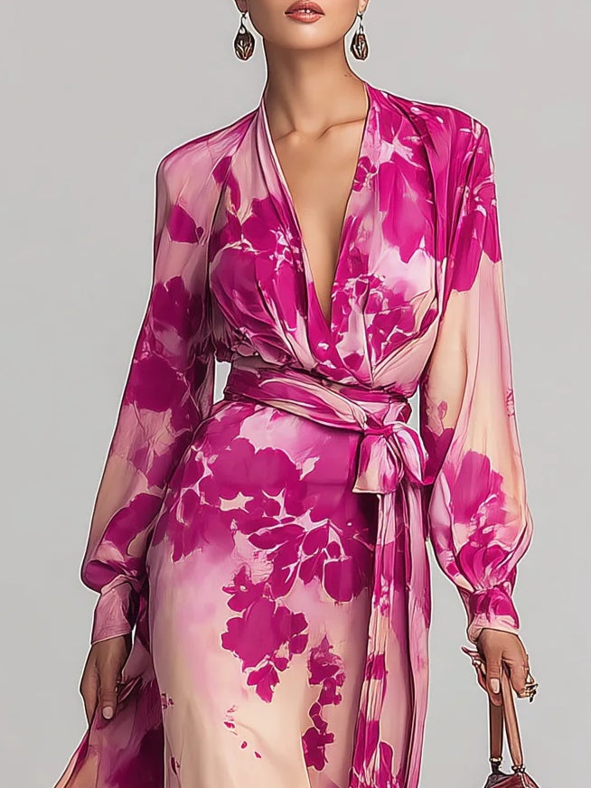 Vestido Maxi Floral Rojo Rosa con Cuello en V y Cinturón