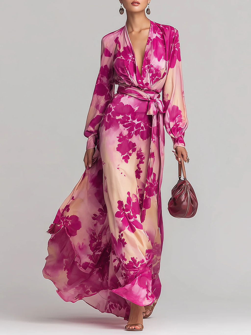 Vestido Maxi Floral Rojo Rosa con Cuello en V y Cinturón