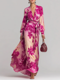 Vestido Maxi Floral Rojo Rosa con Cuello en V y Cinturón