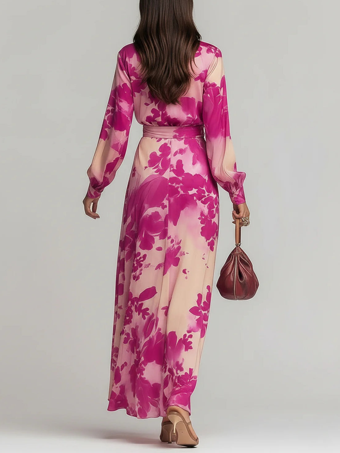 Vestido Maxi Floral Rojo Rosa con Cuello en V y Cinturón