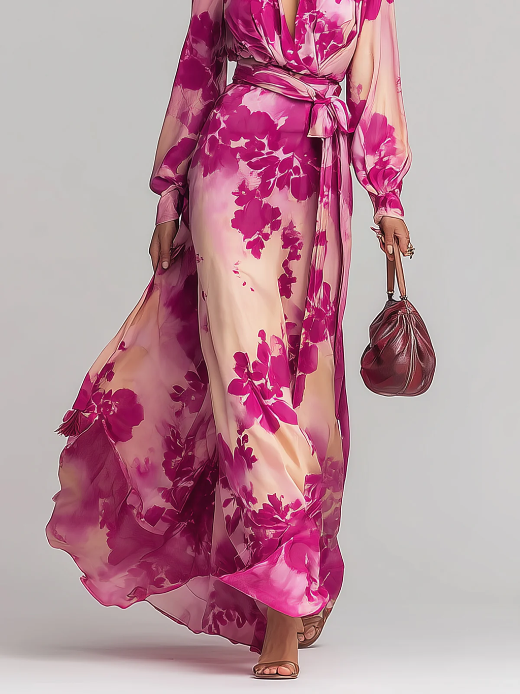 Vestido Maxi Floral Rojo Rosa con Cuello en V y Cinturón