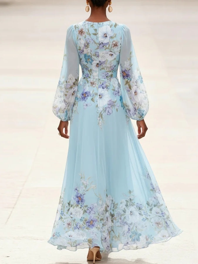 Vestido Maxi de Chiffon Azul Claro Estampado con Cuello en V
