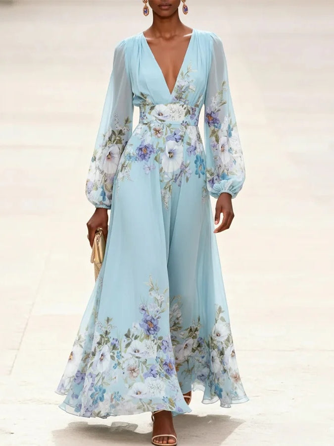 Vestido Maxi de Chiffon Azul Claro Estampado con Cuello en V
