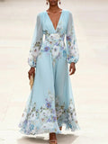 Vestido Maxi de Chiffon Azul Claro Estampado con Cuello en V