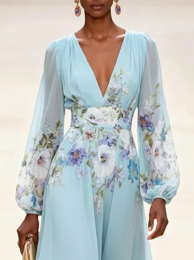 Vestido Maxi de Chiffon Azul Claro Estampado con Cuello en V