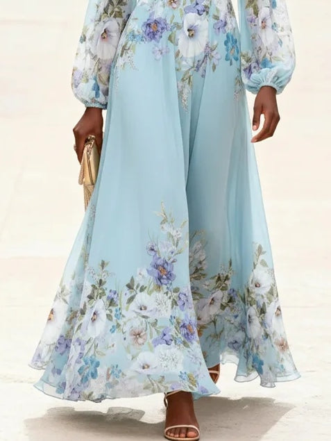 Vestido Maxi de Chiffon Azul Claro Estampado con Cuello en V