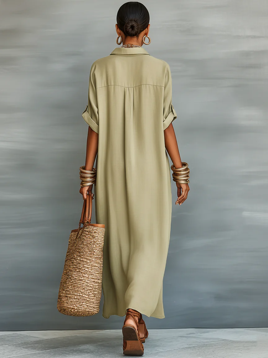 Vestido Maxi Camisero Verde Oliva Minimalista Patchwork de Manga Corta
