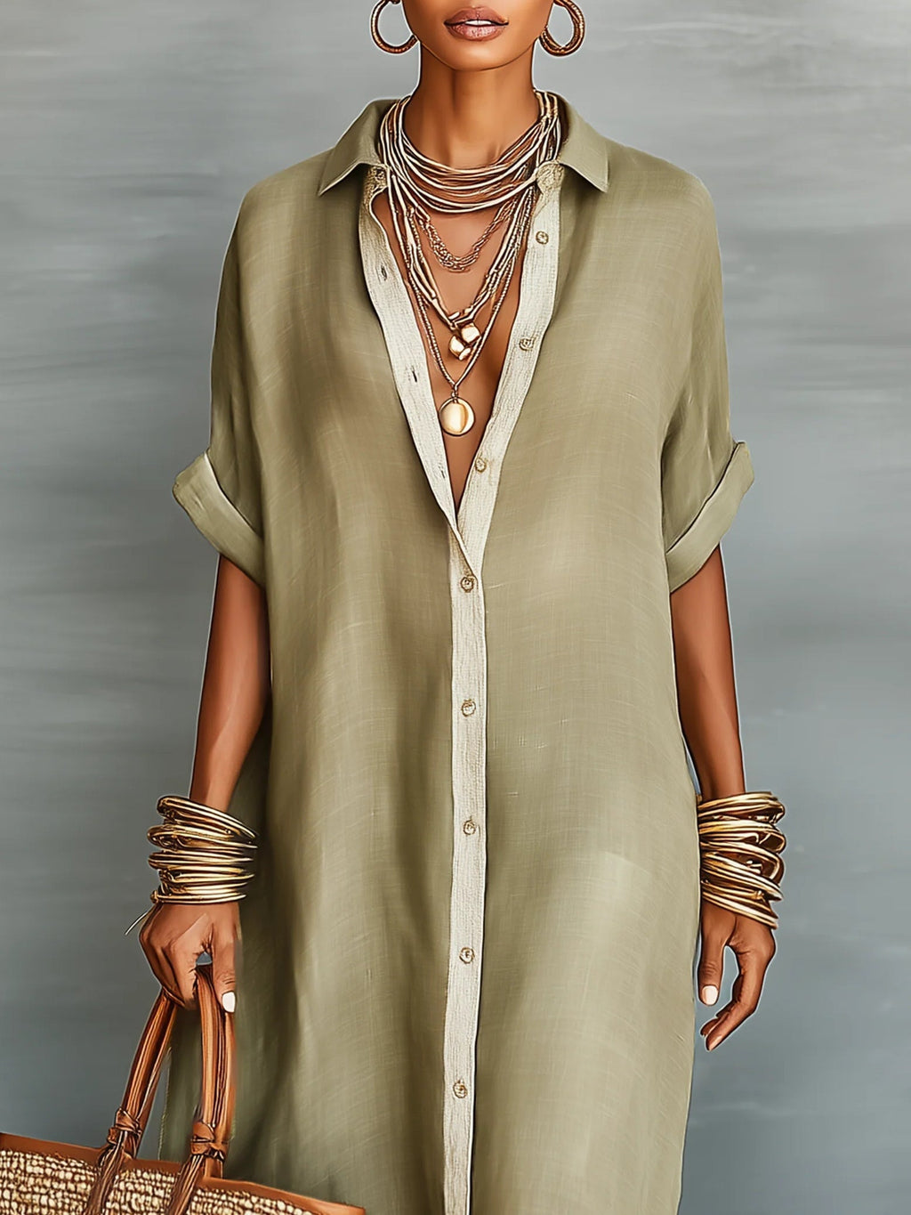 Vestido Maxi Camisero Verde Oliva Minimalista Patchwork de Manga Corta