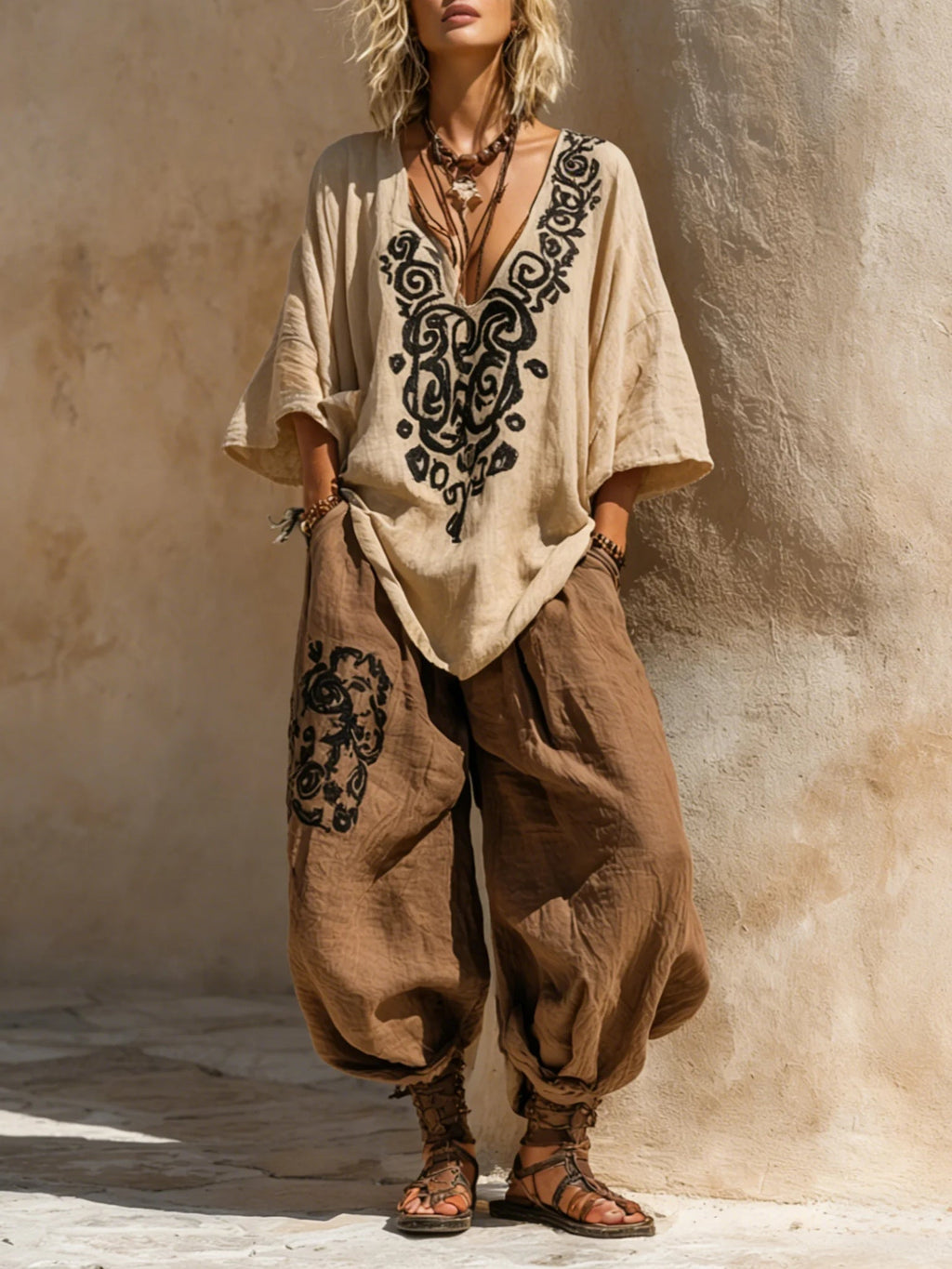 Conjunto de Tres Piezas Bohemio Nómada con Estampado Artístico