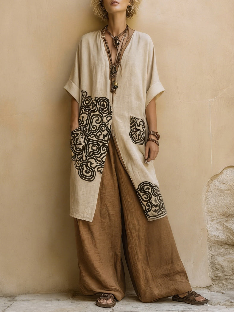 Conjunto de Tres Piezas Bohemio Tribal en Gris Oscuro y Café