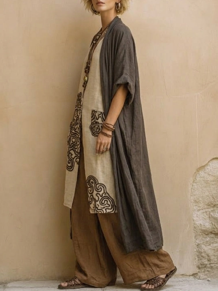 Conjunto de Tres Piezas Bohemio Tribal en Gris Oscuro y Café