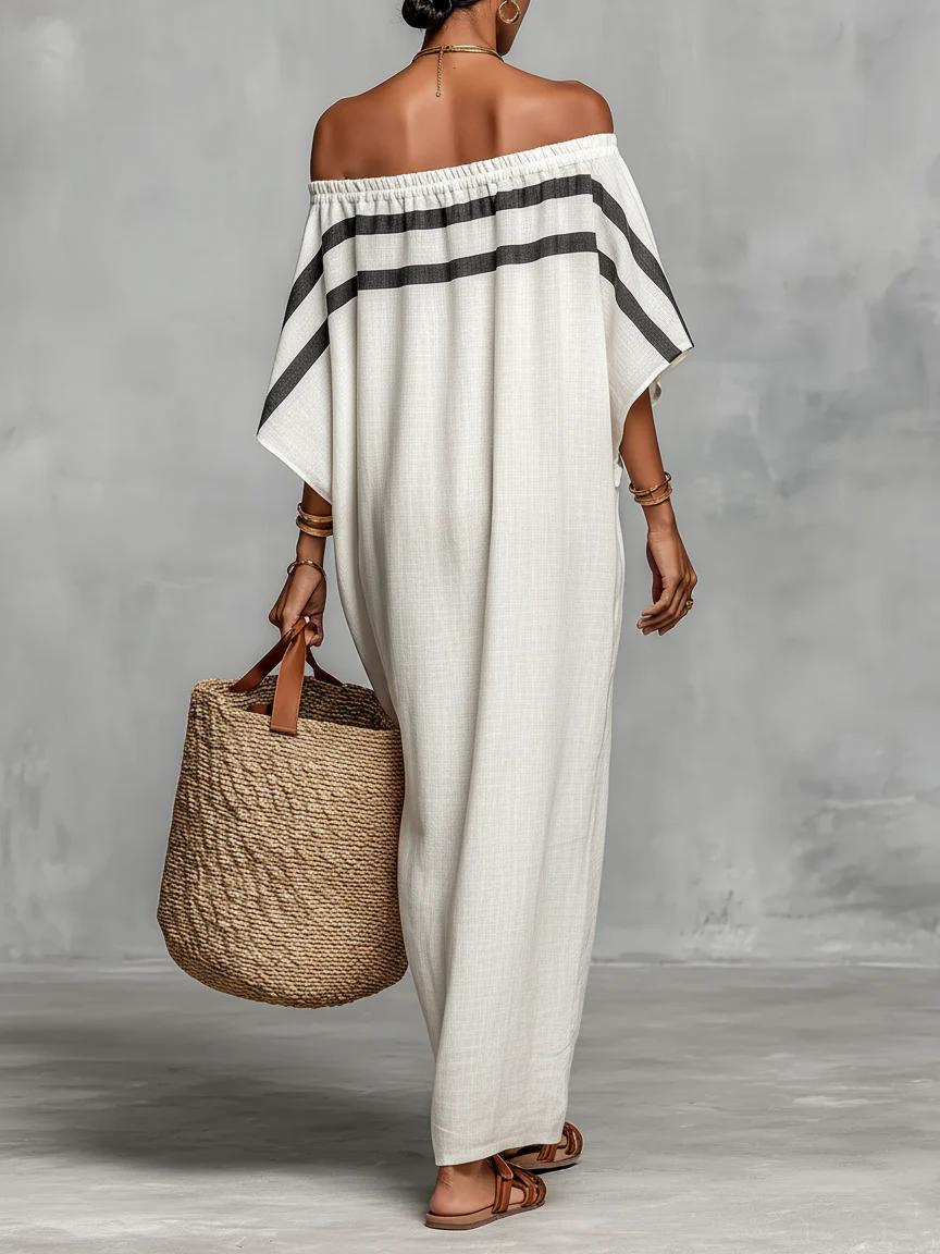 Vestido Maxi Recto Blanco Off-Shoulder con Mangas Murciélago