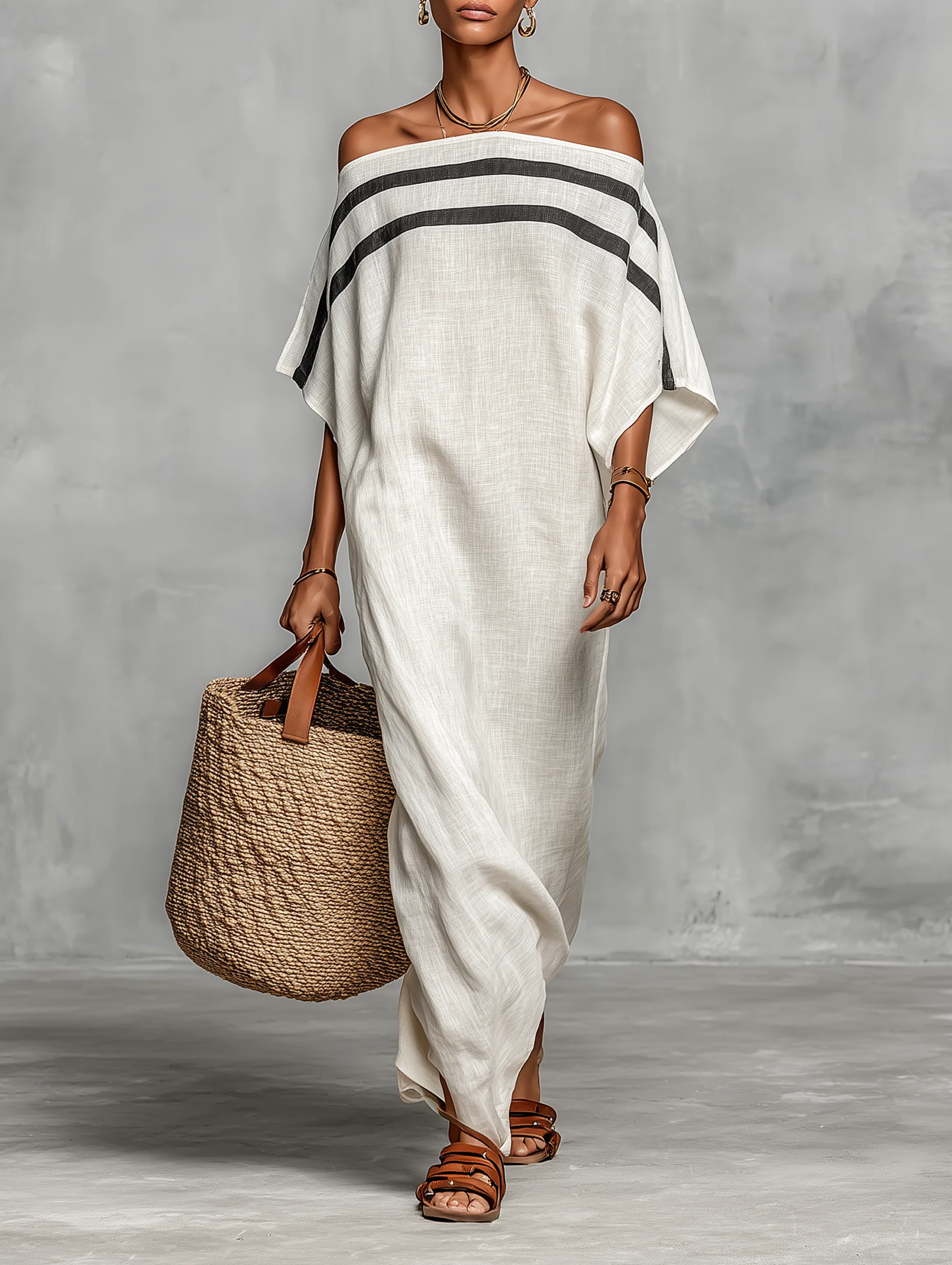 Vestido Maxi Recto Blanco Off-Shoulder con Mangas Murciélago