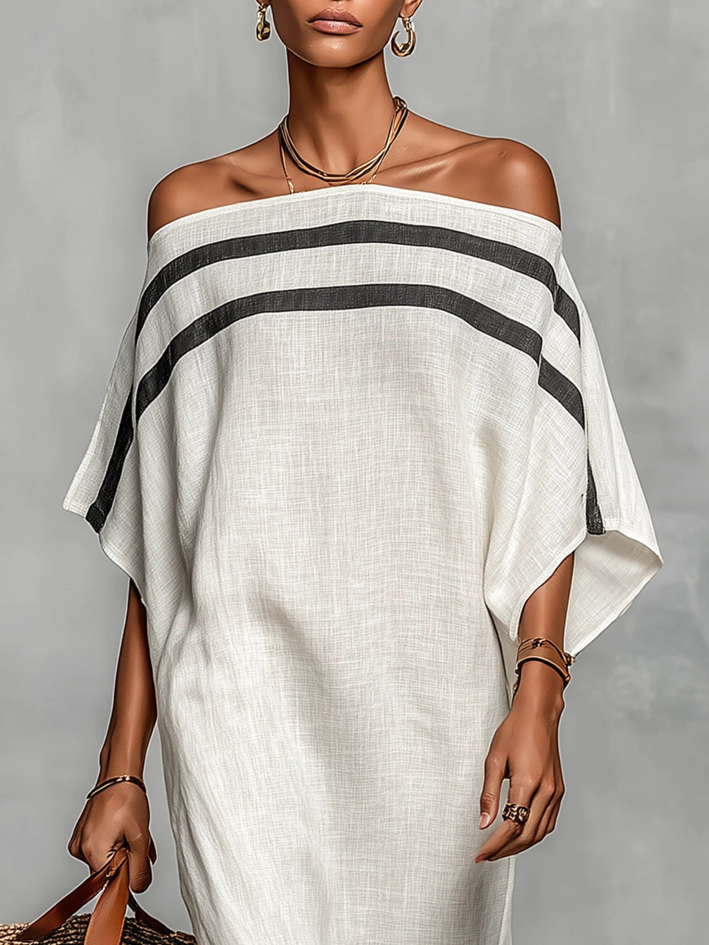 Vestido Maxi Recto Blanco Off-Shoulder con Mangas Murciélago