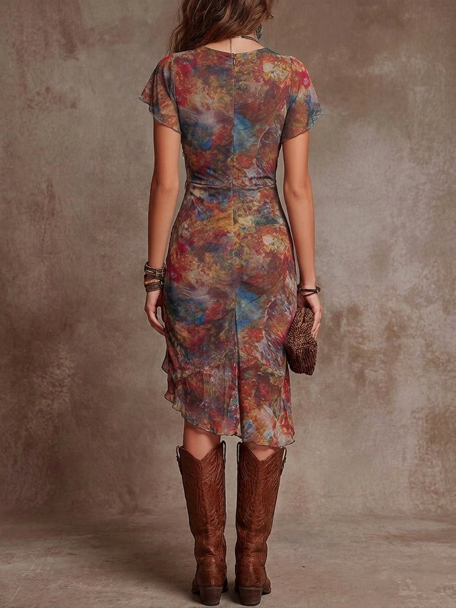 Martina - Vestido Midi Plisado con Escote en V, Estampado Abstracto de Estilo Bohemio
