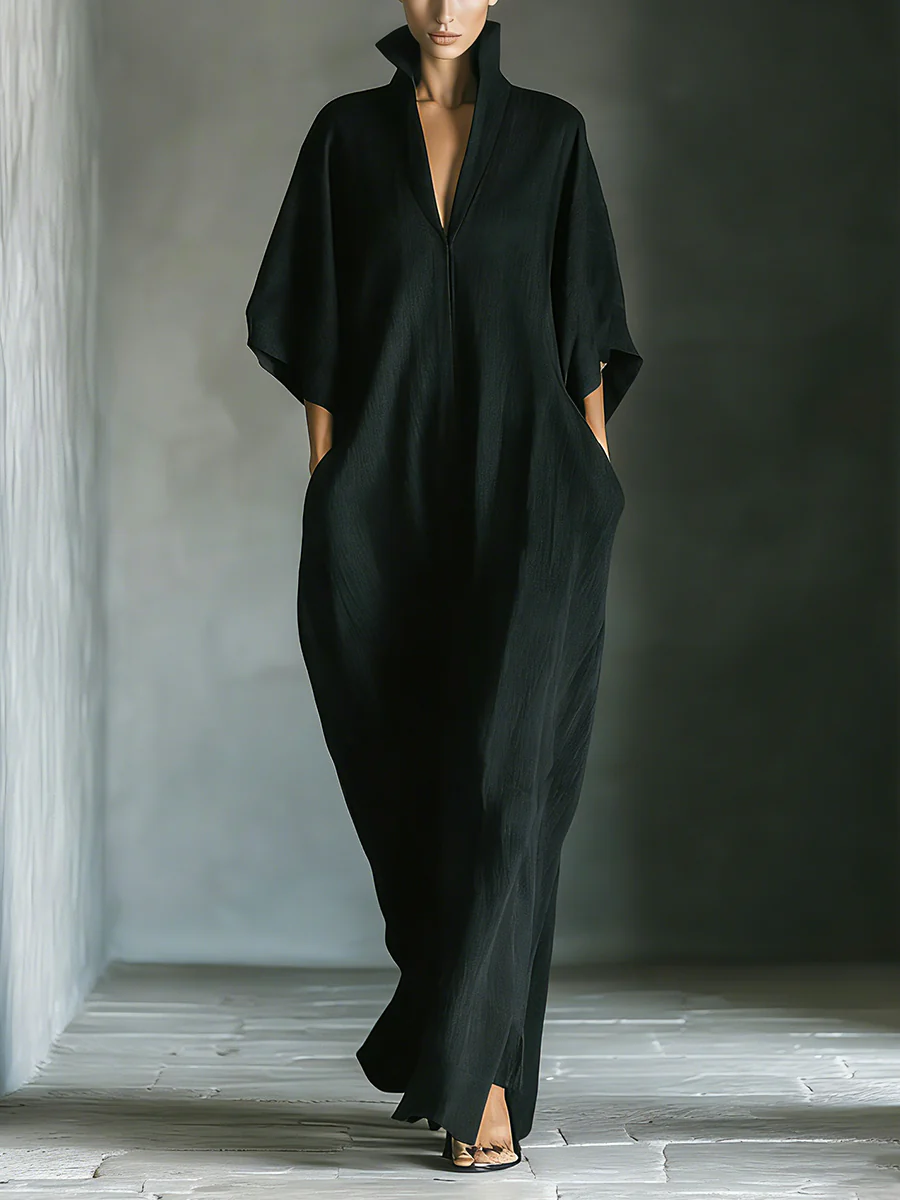 Vestido Maxi Negro Minimalista Oversize con Mangas Kimono