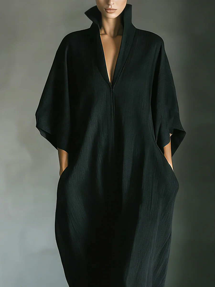 Vestido Maxi Negro Minimalista Oversize con Mangas Kimono