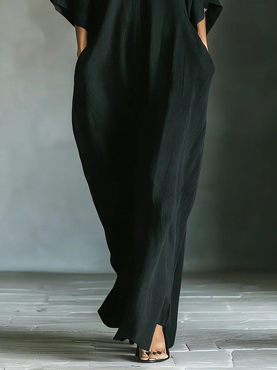 Vestido Maxi Negro Minimalista Oversize con Mangas Kimono