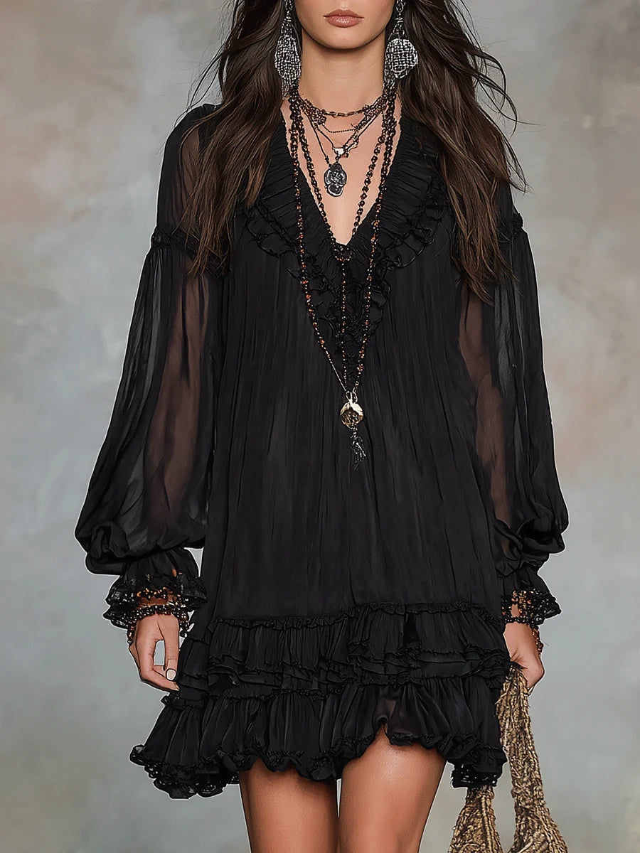 Mini Vestido de Chiffon Negro con Escote en V, Mangas Linterna y Volantes