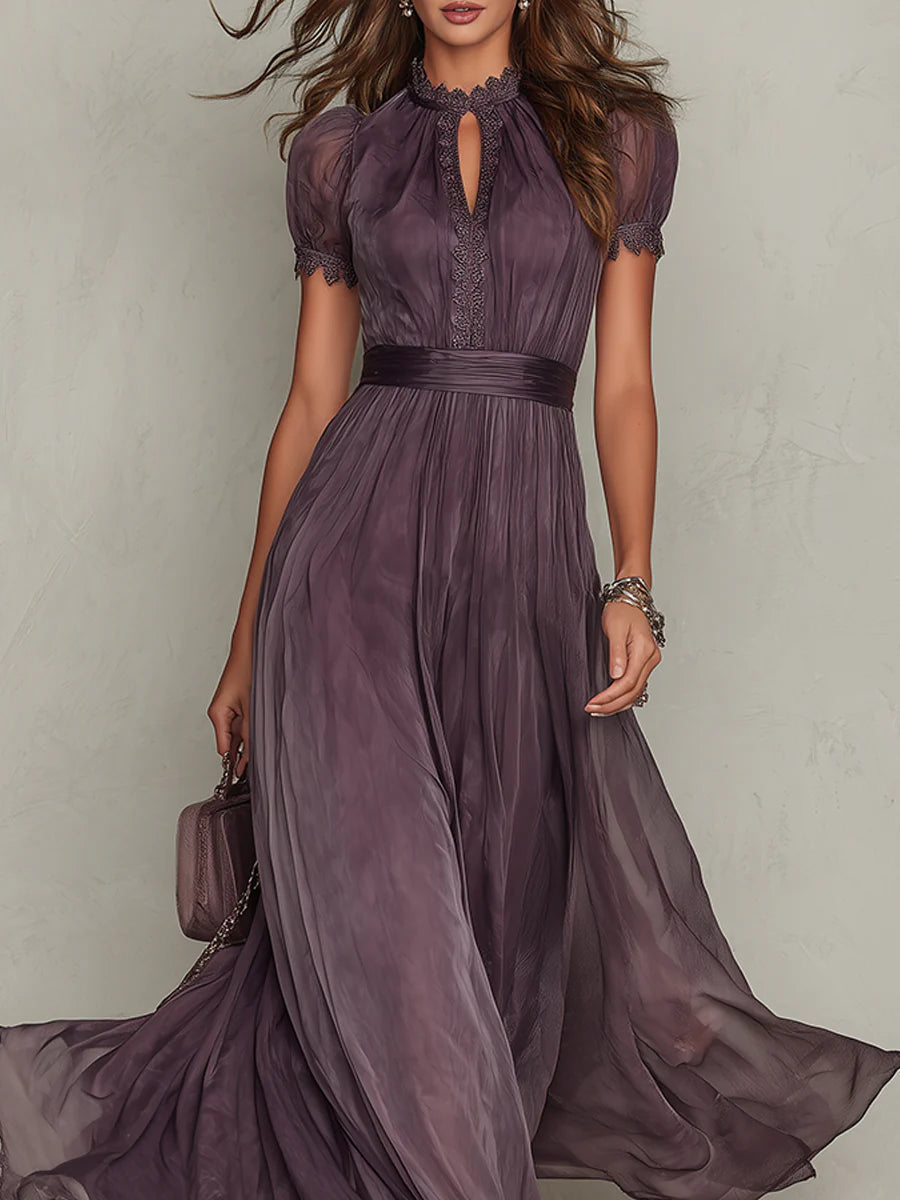 Flavia | Vestido largo de gasa morado elegante con escote lágrima