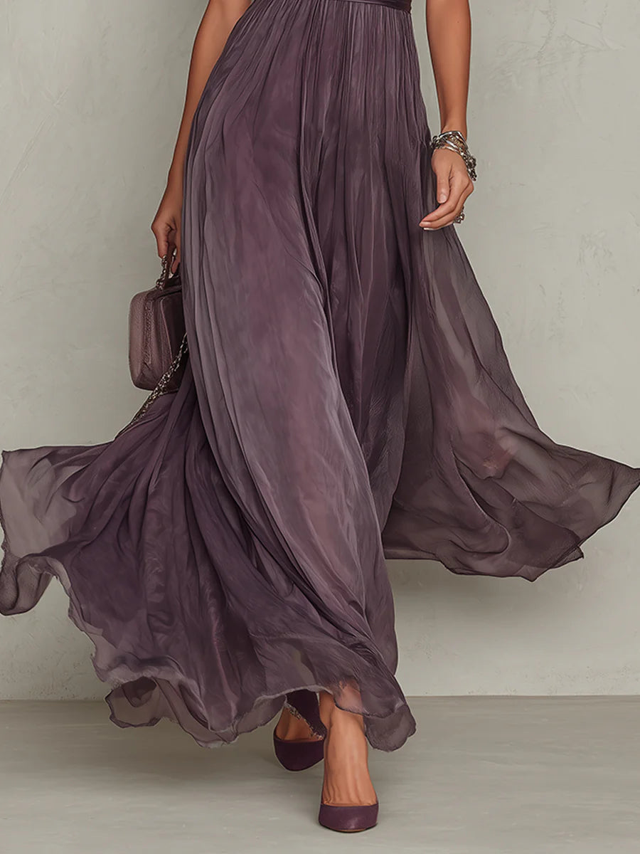 Flavia | Vestido largo de gasa morado elegante con escote lágrima