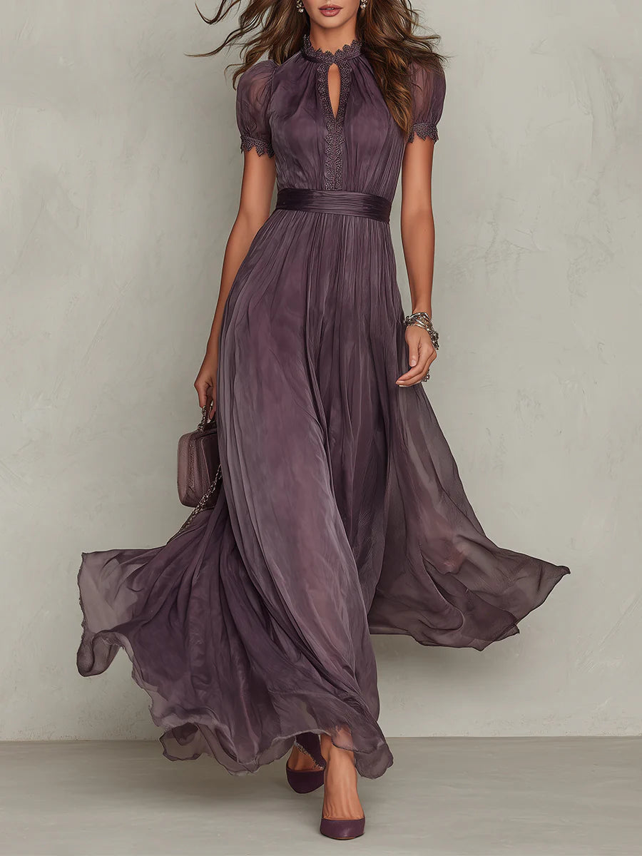 Flavia | Vestido largo de gasa morado elegante con escote lágrima