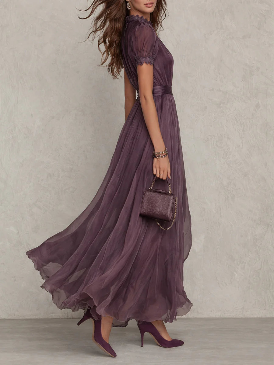 Flavia | Vestido largo de gasa morado elegante con escote lágrima