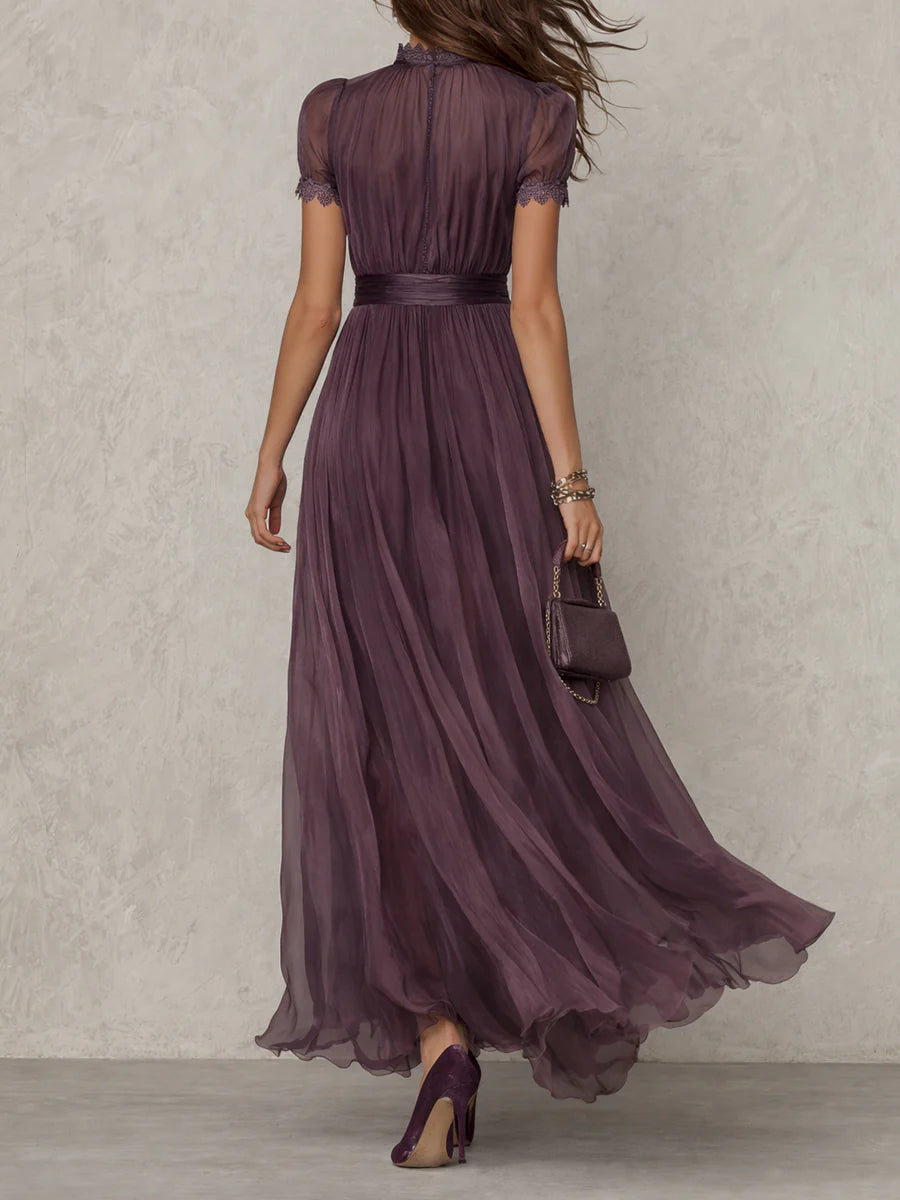 Flavia | Vestido largo de gasa morado elegante con escote lágrima