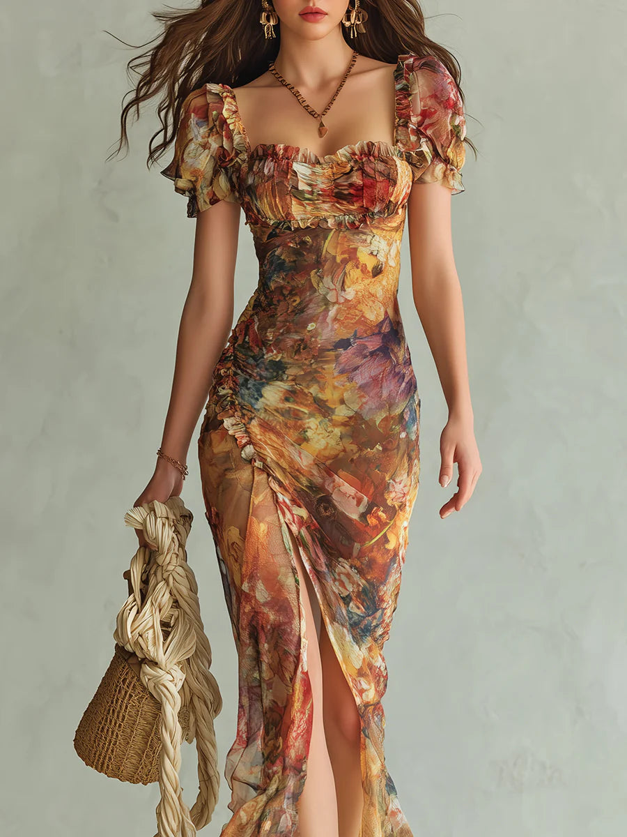Maxi Vestido de Chiffon Naranja con Estampado Boho de Pintura al Óleo