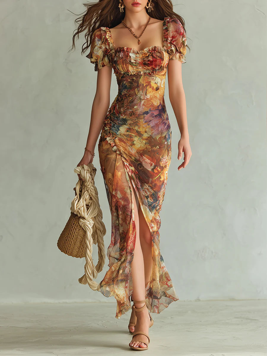 Viola | Vestido largo de gasa naranja con estampado de pintura al óleo de estilo bohemio