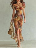 Maxi Vestido de Chiffon Naranja con Estampado Boho de Pintura al Óleo