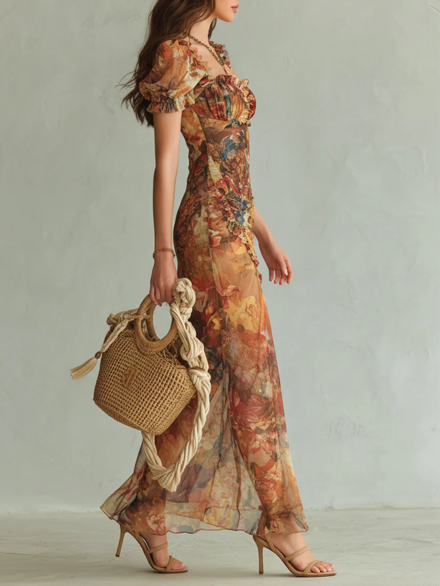 Maxi Vestido de Chiffon Naranja con Estampado Boho de Pintura al Óleo