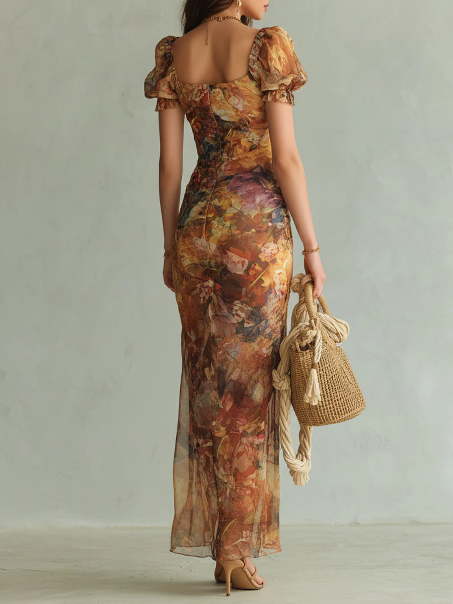 Viola | Vestido largo de gasa naranja con estampado de pintura al óleo de estilo bohemio