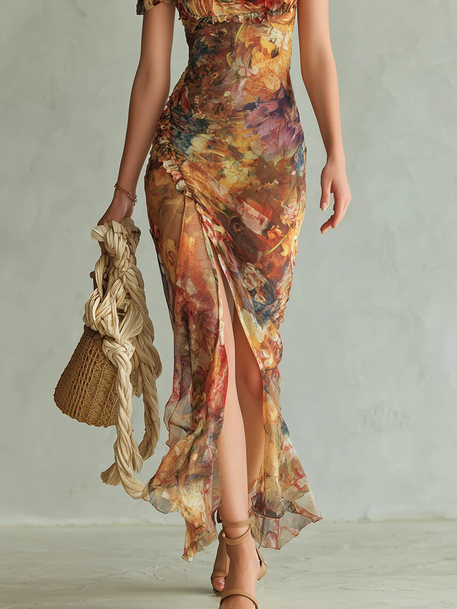 Viola | Vestido largo de gasa naranja con estampado de pintura al óleo de estilo bohemio