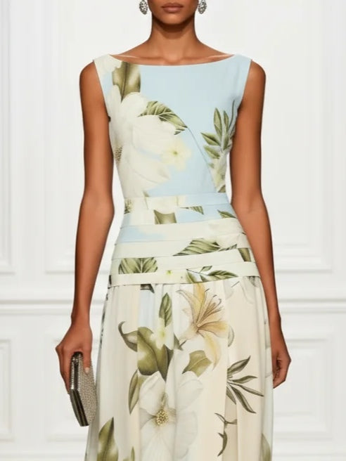 Vestido Maxi Floral Azul y Blanco con Cuello Barco y Volantes