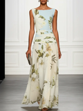Vestido Maxi Floral Azul y Blanco con Cuello Barco y Volantes