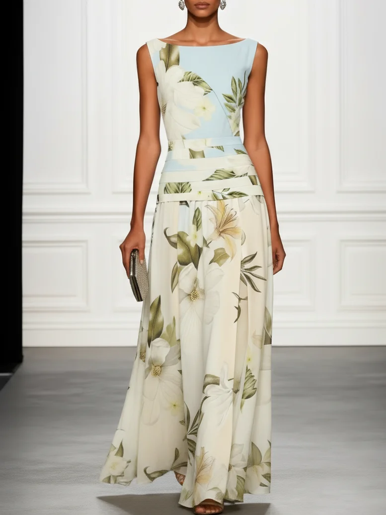 Vestido Maxi Floral Azul y Blanco con Cuello Barco y Volantes
