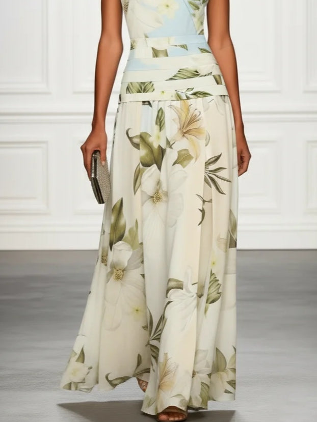 Vestido Maxi Floral Azul y Blanco con Cuello Barco y Volantes