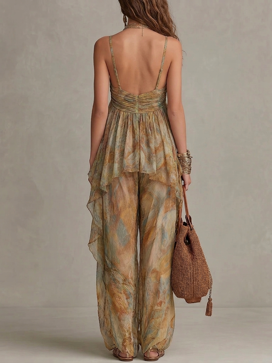 Conjunto de Camisola de Chiffon Caqui con Volantes y Pantalón de Pierna Ancha