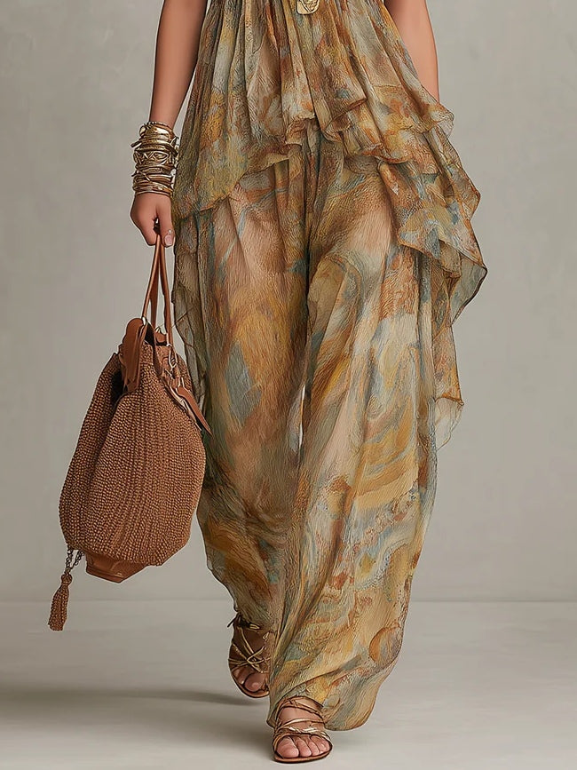 Conjunto de Camisola de Chiffon Caqui con Volantes y Pantalón de Pierna Ancha